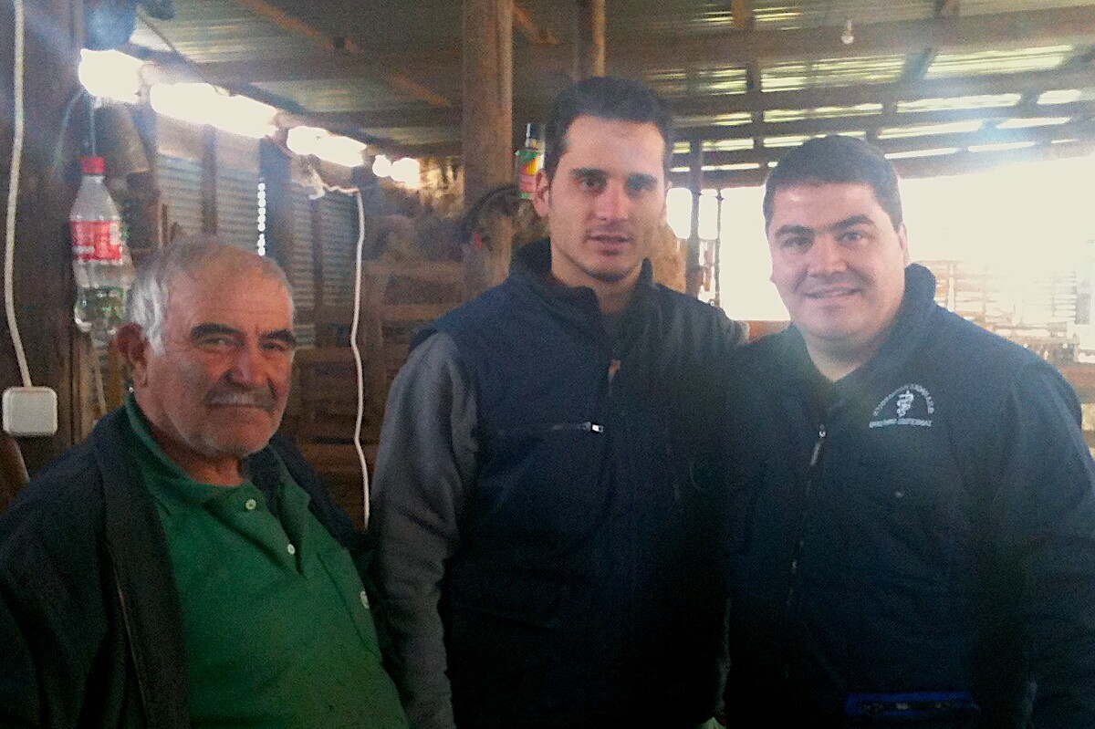 Vasileios Kanoulas (Ceva) with two farmers in barn